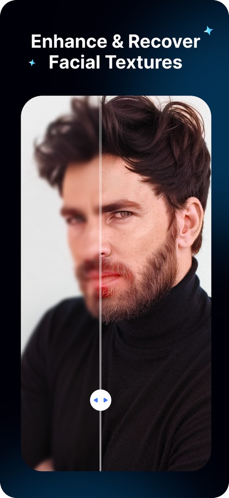 Topz AI: Photo Video Enhancer - Esta imagem destaca a capacidade da ferramenta de "recuperar texturas faciais" e a "nitidez impressionante da barba" do sujeito.