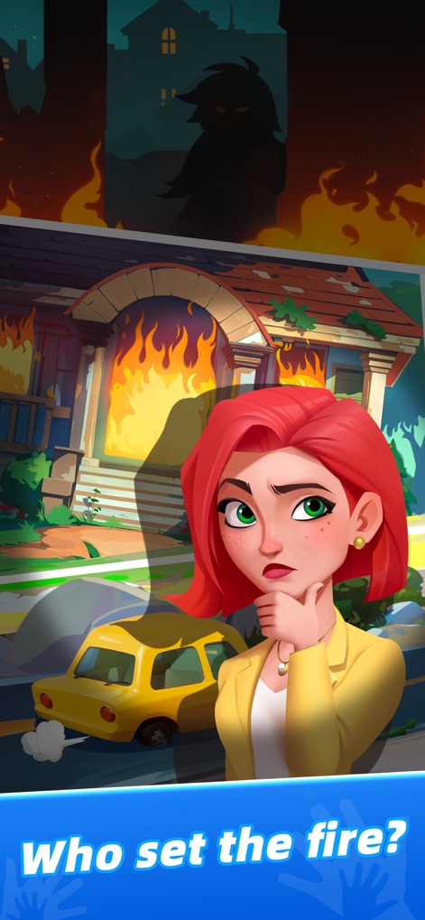 Mystery Town: Merge Games - The app introduces a compelling mystery with a dramatic scene of a burning house and an enigmatic shadow figure, inviting users to investigate.