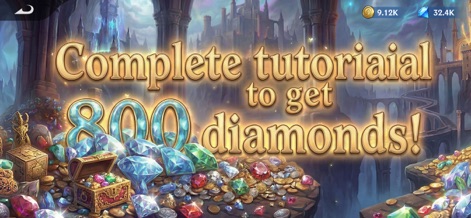 Puzzles & Conquest - This screen demonstrates the app's immediate rewards, showcasing sparkling diamonds and overflowing treasure chests available after tutorial completion.