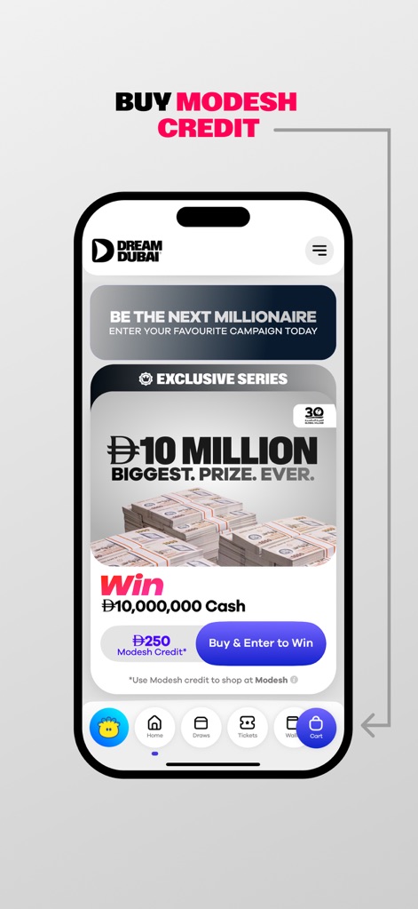 Dream Dubai - Esta tela guia os usuários para a aquisição de Crédito Modesh, um passo essencial para participar de sorteios, como o grande prêmio de Đ10 Milhões, e visualizar o valor de Đ250 do crédito.