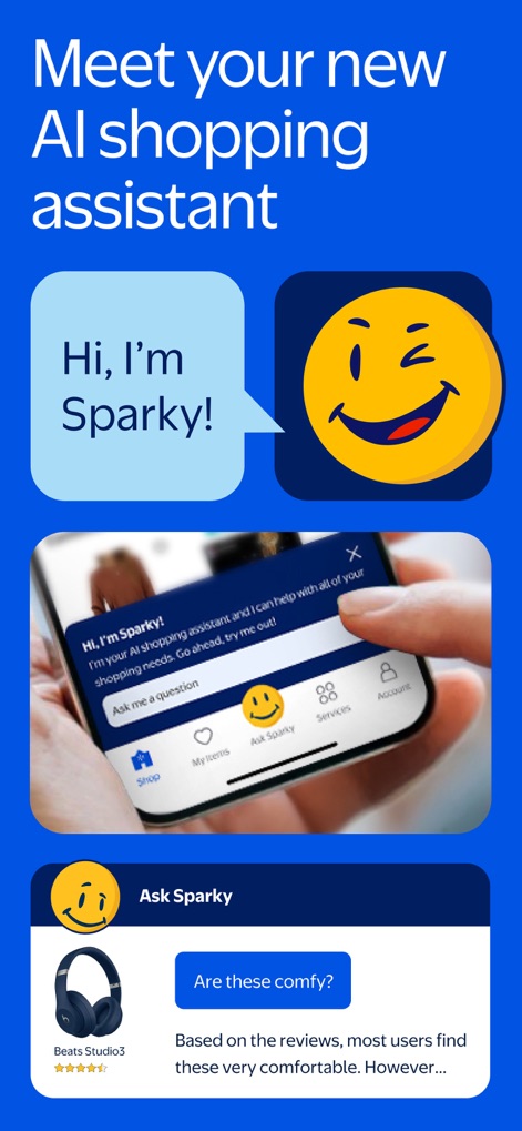 Walmart: Shopping & Savings - The app introduces Sparky, an AI assistant, showcasing an interactive chat interface and helpful review summaries for informed decisions.