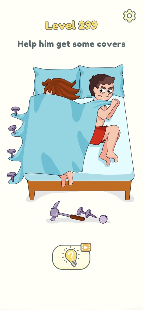 DOP 2: Delete One Part - La aplicación presenta una situación curiosa en la cama, con un hombre enojado y una manta llena de clavos. Los usuarios deben borrar los clavos para que la manta sea utilizable.