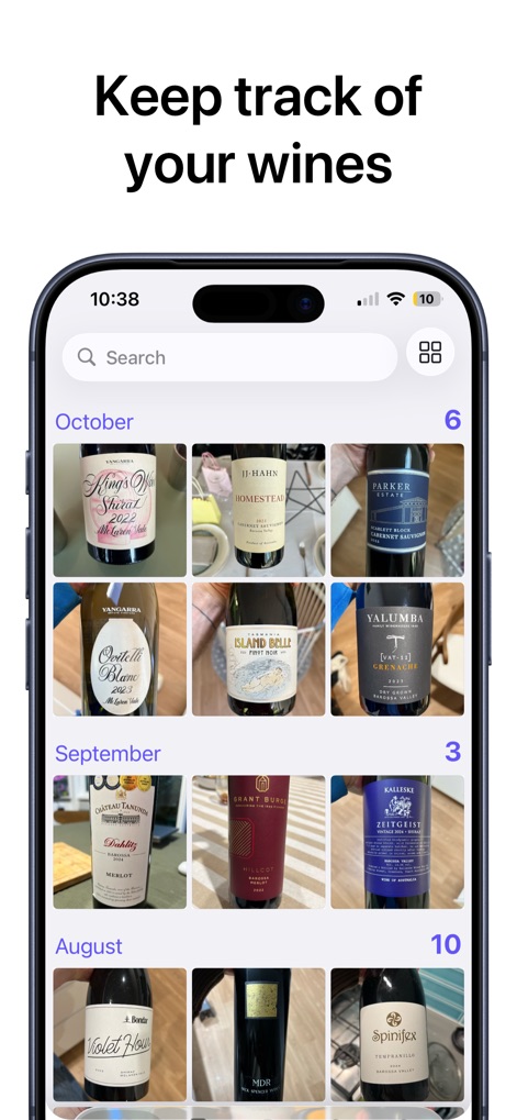 gotBottle: Wine Notes - Die App ermöglicht es Nutzern, ihre Weinsammlung in einer übersichtlichen Galerie mit Flaschenbildern zu verfolgen, die chronologisch nach Monaten organisiert ist und die Anzahl der Weine pro Monat anzeigt.