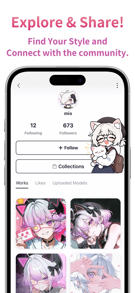 PixAI - AI Anime Art Generator - La captura muestra una sección de perfil de usuario, destacando la posibilidad de ver las "Works" (obras) y el número de "Followers", fomentando la interacción y el intercambio de creaciones dentro de la comunidad.