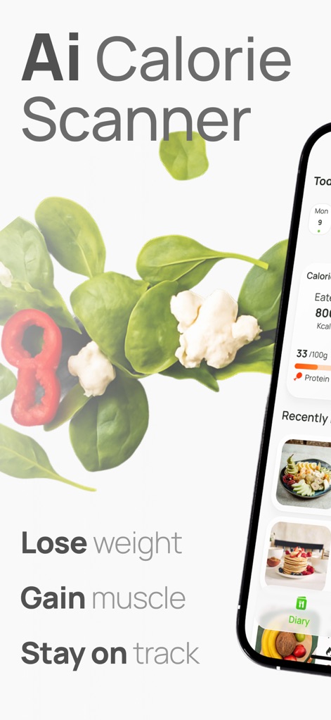 AI Calorie Counter & Meal Plan - This tool visually showcases key objectives like 'Lose weight' and 'Gain muscle', alongside a glimpse into the daily calorie tracking diary.