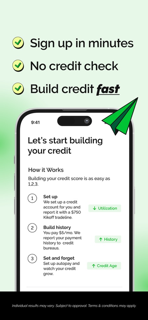 Kikoff – Build Credit Quickly - This view illustrates the straightforward, three-step process for building credit and emphasizes key factors like utilization and payment history that the app strengthens.
