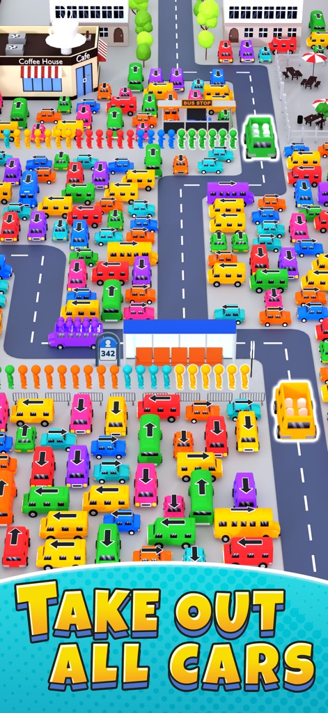 Bus Rush: Car Parking Games - Esta imagen revela un estacionamiento masivo lleno de vehículos de colores vivos, y un "Coffee House" en el fondo, indicando un entorno urbano.