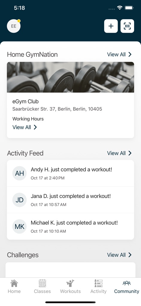 GymNation - This view presents local gym information and an active feed of member workouts, connecting users with their gym environment.