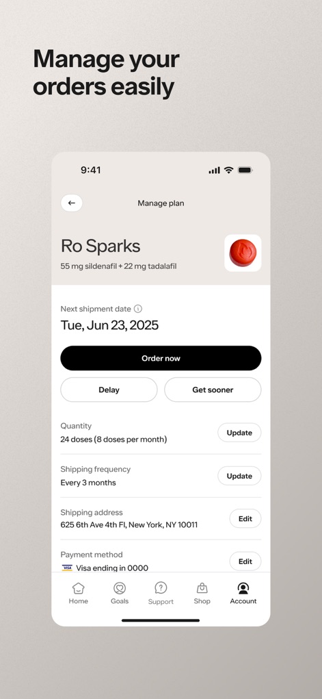 Ro: Online Healthcare - Gli utenti possono gestire le loro prescrizioni con flessibilità, visualizzando la "Next shipment date" come "Tue, Jun 23, 2025", e scegliendo opzioni pratiche come "Delay" o "Get sooner" per adattare la consegna alle proprie esigenze.