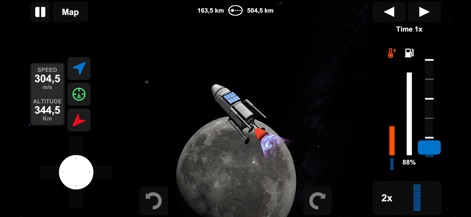 Ellipse: Rocket Simulator - Experience the delicate lunar approach as a small lander maneuvers towards the lunar surface, its engine firing for controlled deceleration.