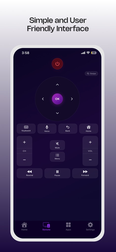 ONN TV Remote - This screenshot displays the app's comprehensive remote interface, highlighting the central directional pad for navigation and distinct buttons for volume adjustment and channel selection.