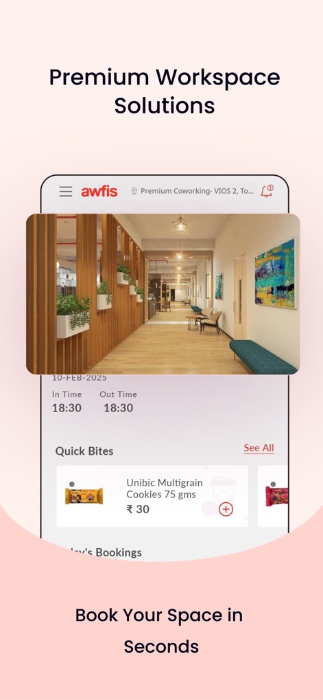 Awfis Coworking - Die App präsentiert die intuitive Buchungsansicht mit einer Vorschau des attraktiven Büroflurs und der Option, 'Quick Bites' direkt zur Bestellung hinzuzufügen.