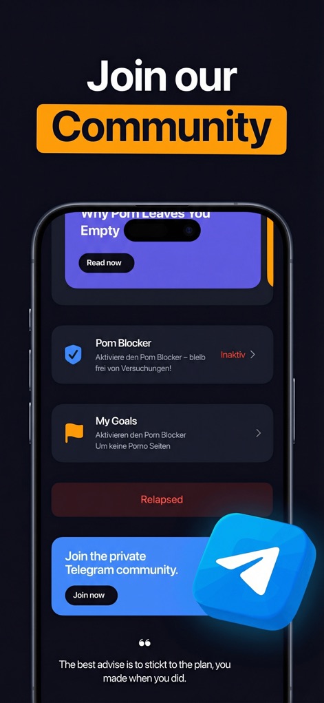 CURE: Quit Porn Addiction - Die App fördert die Gemeinschaft durch eine klare Aufforderung zum Beitritt zur privaten Telegram-Community, erkennbar am Telegram-Logo, und bietet zudem eine Übersicht weiterer Funktionen wie den Pornoblocker.