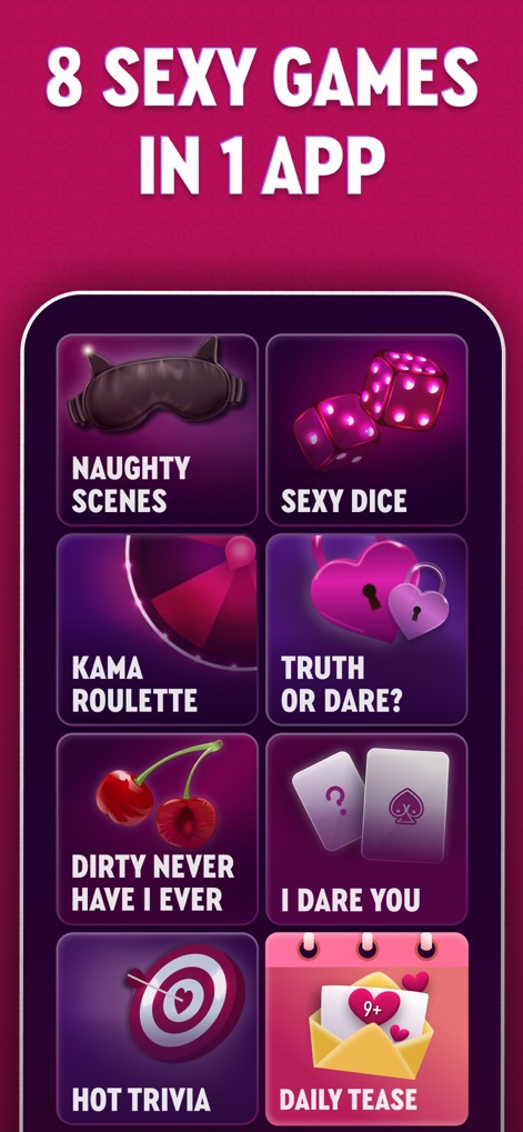 Couples games: Sex Roulette - Explore the diverse range of '8 SEXY GAMES IN 1 APP', showcasing engaging options such as 'Naughty Scenes' and 'Truth or Dare?' for varied couple entertainment.