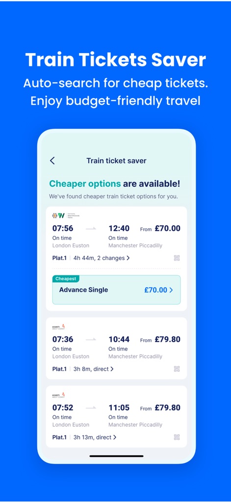 TrainPal: UK& EU train tickets - Die App hilft Nutzern, die günstigsten Ticketoptionen zu finden, indem sie verfügbare Angebote wie "Advance Single" übersichtlich darstellt und eine detaillierte Liste von Zugverbindungen mit deren Preisen anzeigt.