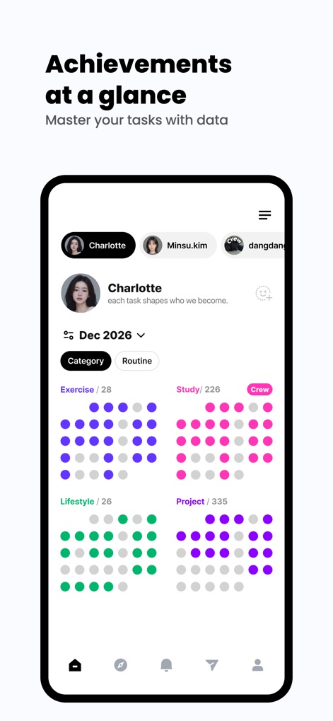 todo mate: tasks & routines - Visualisez vos succès à travers des représentations graphiques claires de votre performance par catégorie et le suivi de vos routines.