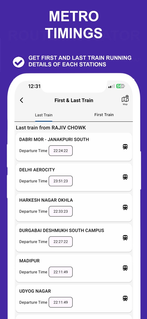 Delhi Metro Route Map and Fare - Users gain access to precise first and last train schedules for various stations, displaying exact departure times to assist with timely travel.