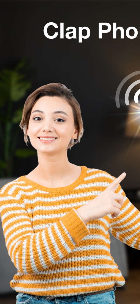 Find My Phone By Clapping - L'application présente sa fonctionnalité principale de détection par applaudissement, permettant aux utilisateurs de localiser leur appareil simplement en tapant des mains, comme l'illustre la femme souriante et l'icône d'ondes sonores.