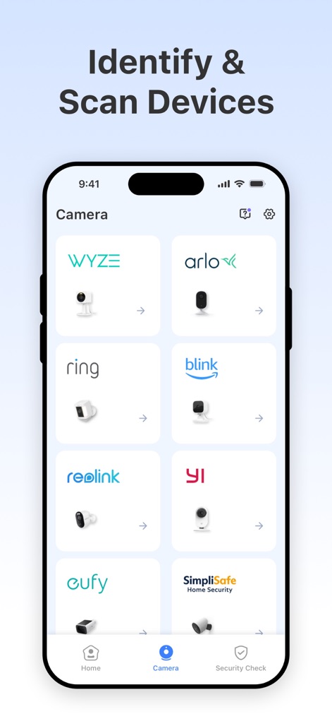 Camera Connect - Home Security - Users can identify various branded camera types through an organized grid and navigate key functionalities using the 'Home', 'Camera', and 'Security Check' tabs.