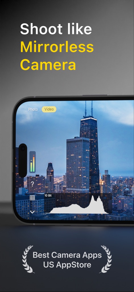 Varlens - DSLR in Phone - The app offers a professional shooting interface, displaying a real-time histogram and a vertical exposure meter for precise control.