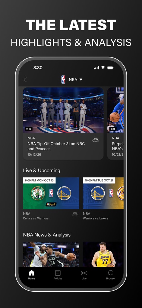 NBC Sports - この画面では、NBAのハイライト動画が再生可能で、動画のサムネイルに「0:48」の再生時間が示されています。さらに、「Live & Upcoming」セクションには、未来の試合「Celtics vs. Warriors」の日付と時間が明確に表示されています。