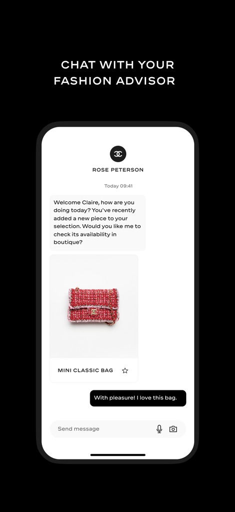 CHANEL FASHION - ファッションアドバイザーとのチャット画面では、個別のメッセージのやり取りが行われ、「MINI CLASSIC BAG」の画像と共にパーソナライズされた提案が提供されています。