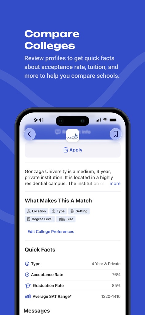 BigFuture School - Students can delve into comprehensive college profiles, comparing 'Quick Facts' such as 'Acceptance Rate' and 'Graduation Rate' for each institution.