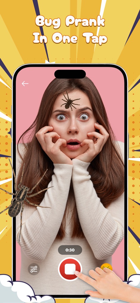 Insect & Bug: Funny Filters - Explore the user-friendly interface for quick content creation, featuring a prominent record button and highly realistic spider filters for instant prank videos.