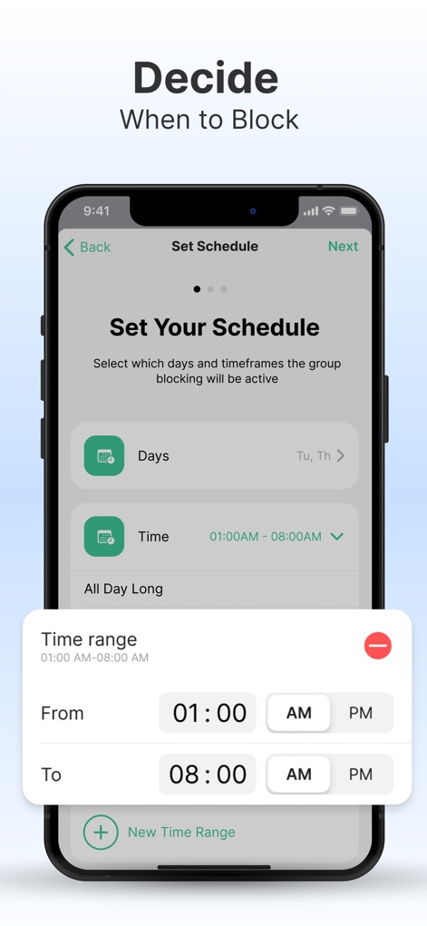 BlockSite: Block Apps & Focus - Users can easily define custom blocking schedules based on specific days and set precise time ranges for active blocking.