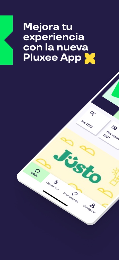 Pluxee Mexico - Discover the app's intuitive bottom navigation bar and quick access features for dynamic CVV and NIP recovery.