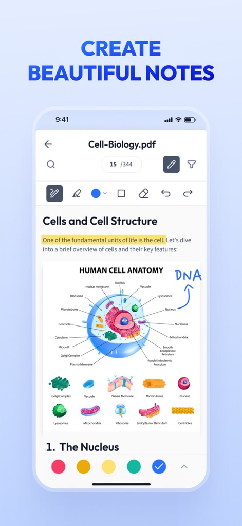 Vaia: AI Flashcards. Study App - Les utilisateurs peuvent créer des notes esthétiques directement sur leurs documents, annotant des fichiers PDF comme ce diagramme d'anatomie cellulaire avec des outils de stylo et de surligneur.