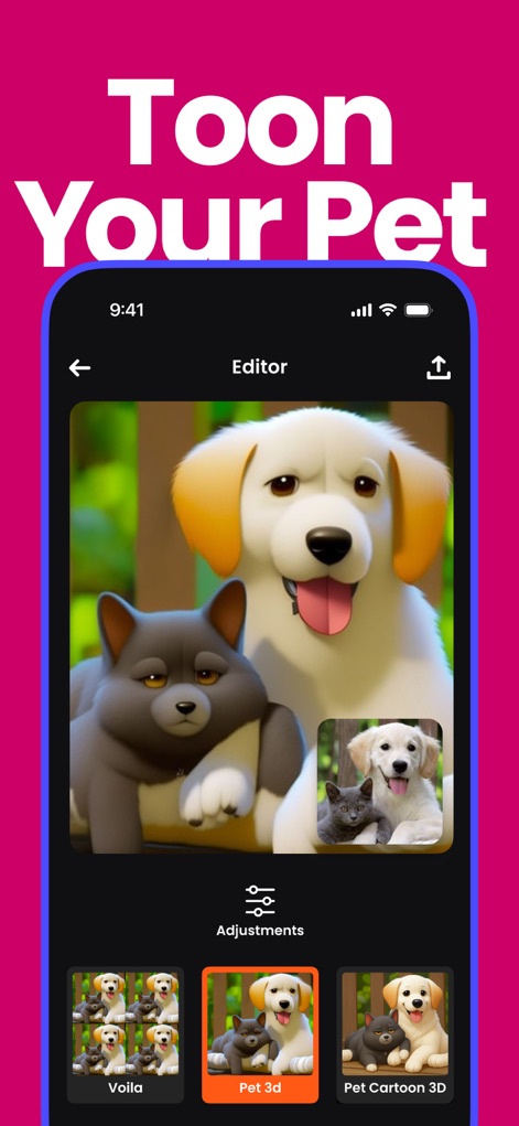 Voilà AI Artist Cartoon Filter - Discover the joy of transforming beloved animals, as the app features a dedicated "Toon Your Pet" section with specialized options like "Pet 3d" filters for furry friends.