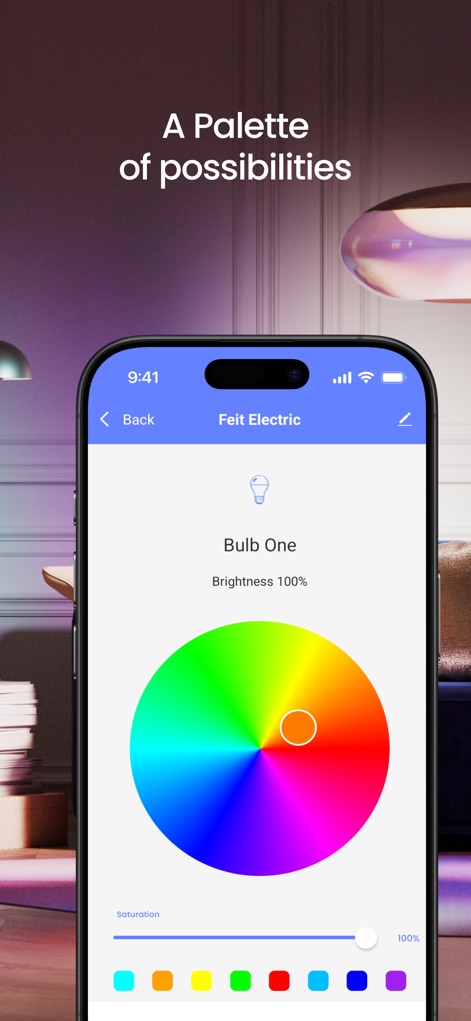 Feit Electric - La aplicación presenta una paleta de colores interactiva, permitiendo a los usuarios ajustar la saturación y seleccionar el tono deseado.