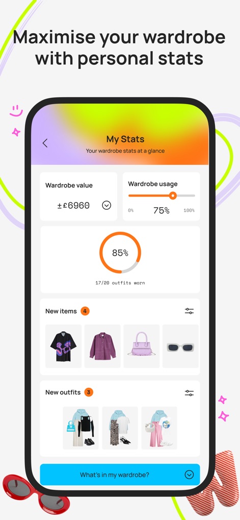 Whering: Your Digital Closet - 이 앱은 사용자의 옷장 가치와 활용도를 상세하게 분석합니다. 옷장 사용률 막대 그래프(X)와 새로운 아이템 및 아웃핏 수치(Y)를 통해 소비 습관과 스타일 패턴을 효과적으로 관리할 수 있습니다.