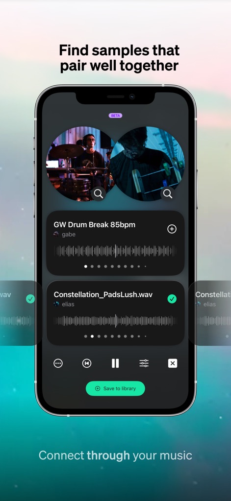 Baton - Unreleased Music - La aplicación presenta un explorador de samples que sugiere combinaciones como "GW Drum Break" y "Constellation_PadsLush" para inspirar nuevas creaciones.