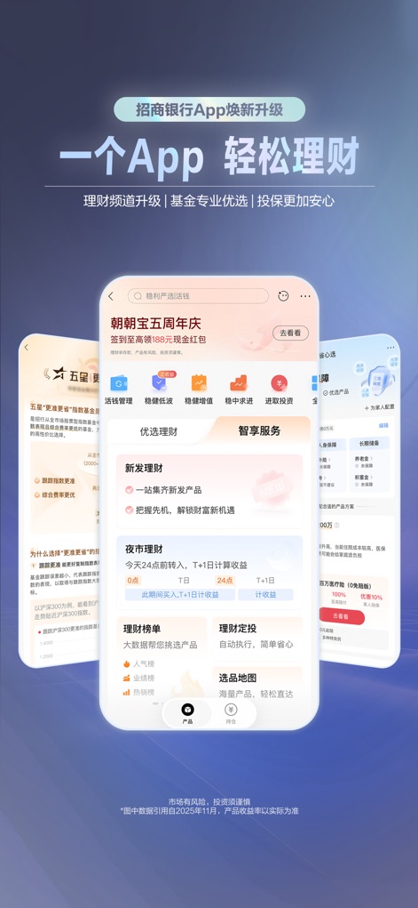 招商银行 - The app showcases a streamlined interface for wealth management, highlighting '优选产品' (Preferred Products) and personalized '智享服务' (Smart Services) to simplify investment decisions.