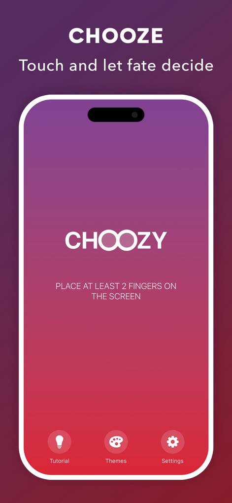 Choozy - Finger Chooser - A tela inicial exibe a identidade visual do aplicativo, com o logotipo 'Choozy' proeminente e a mensagem convidativa 'Coloque pelo menos 2 dedos na tela'. Além disso, apresenta três ícones de navegação na parte inferior para 'Tutorial', 'Temas' e 'Configurações'.