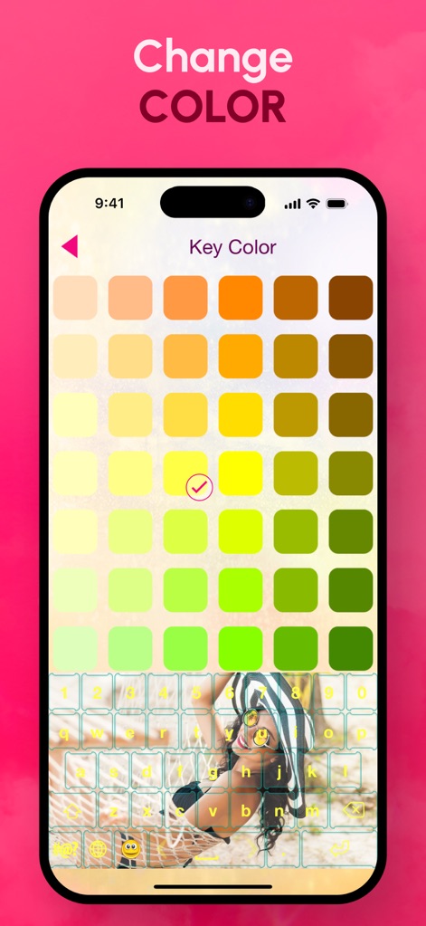 Photo Keyboard Theme Changer - Users can select from an extensive key color palette and apply diverse hues to individual keys, matching their personal style or background image.