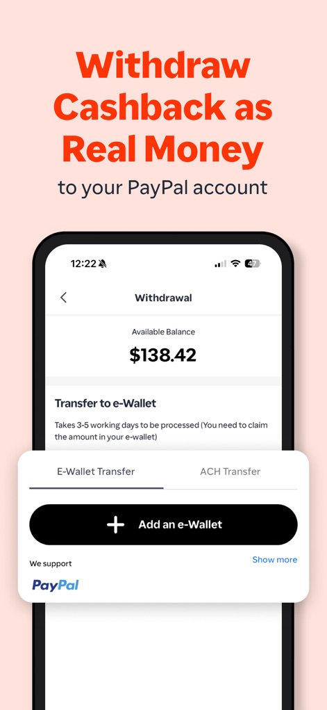 ShopBack: Cashback & Rewards - This detailed withdrawal interface shows the available balance and offers direct transfers to an e-wallet, clearly indicating PayPal support.