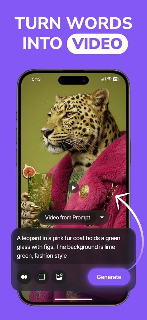 Pictory - AI Video Generator - L'app permette di trasformare descrizioni testuali dettagliate, come il prompt "A leopard in a pink fur coat...", in video accattivanti e dinamici, mostrando un leopardo in pelliccia rosa che sorseggia un drink.
