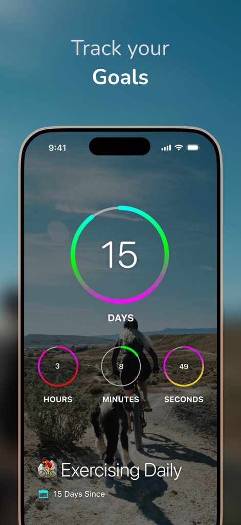 DayCount - This screenshot illustrates streak tracking with a large day counter and smaller time units, set against a motivational activity-themed background image.