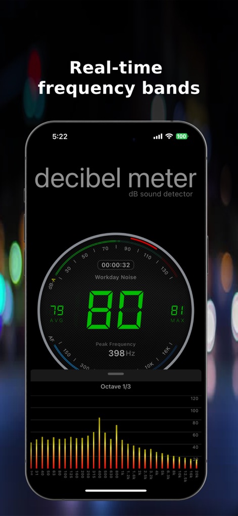 Decibel Meter Sound Detector - Users can gain deep insights into audio composition through the real-time decibel display and comprehensive 1/3 octave band frequency analysis.