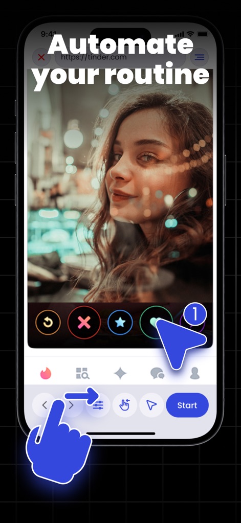 Auto Clicker Automatic Click - L'app si integra perfettamente con le routine quotidiane degli utenti, come mostrato sull'interfaccia di Tinder, dove l'automazione può essere avviata tramite il pulsante 'Start' per semplificare le interazioni ripetitive.