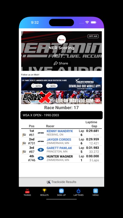 NER TIMING - LIVE RESULTS