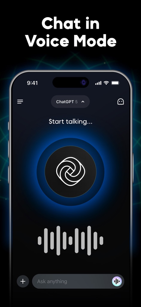 Chatbot AI Assistant ChatPrime - The app offers seamless voice interaction through its intuitive 'Voice Mode' interface, featuring a prominent microphone icon and a dynamic sound wave visualizer.