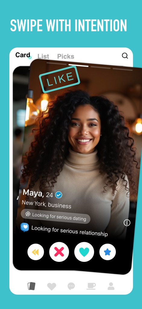 SweetRing Dating App - La imagen destaca el sello "LIKE" sobre una tarjeta de perfil, enfatizando el concepto de "SWIPE WITH INTENTION" y mostrando las opciones de vista "Card", "List" y "Picks" en la navegación superior.