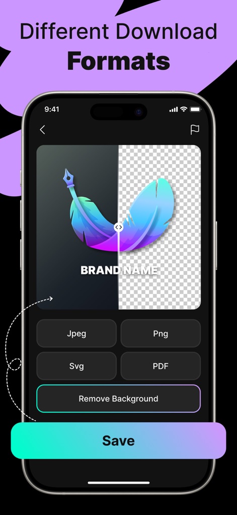 Logo Maker - AI Art Design - L'app supporta diversi "formati di download" professionali, inclusi "Svg" e "PDF", e offre la funzionalità per "rimuovere lo sfondo" del logo, garantendo versatilità.