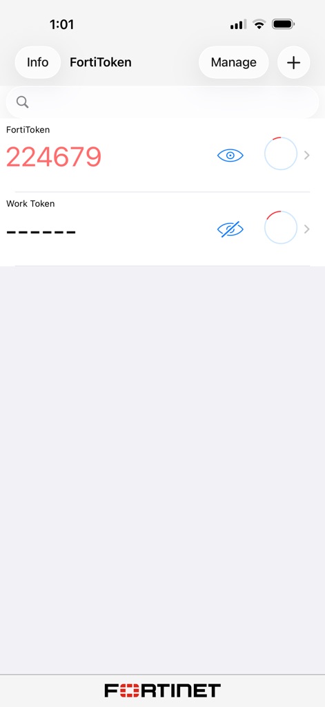 FortiToken Mobile - The app generates real-time one-time passwords, clearly showing the numerical code and a circular progress indicator for the refresh cycle.