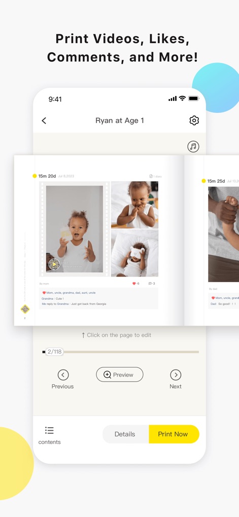 TimeHut - Baby Album - Witness the comprehensive printing capabilities, from the 'Print Now' button to the 'page navigation controls' that ensure a perfect physical keepsake.