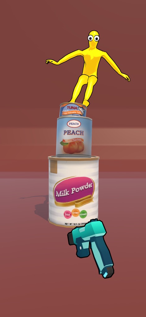 Ragdoll Shooting - Witness the interactive physics as the yellow ragdoll character dynamically balances on stacked cans, showcasing the game's engaging environmental elements.